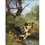 Alfred Duke (1836 - 1915) - Foxhounds chasing a fox through a stream, signed, oil on canvas, 45 x