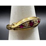 18ct pink ruby and diamond five stone ring, size P, 2.1g