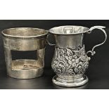 Silver cup sleeve with engraving with an Edwardian baluster cup chased with flowers, 5oz approx (2)