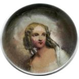 Victorian glass paperweight fitted with a painted bust porcelain of a young lady, 9cm diameter