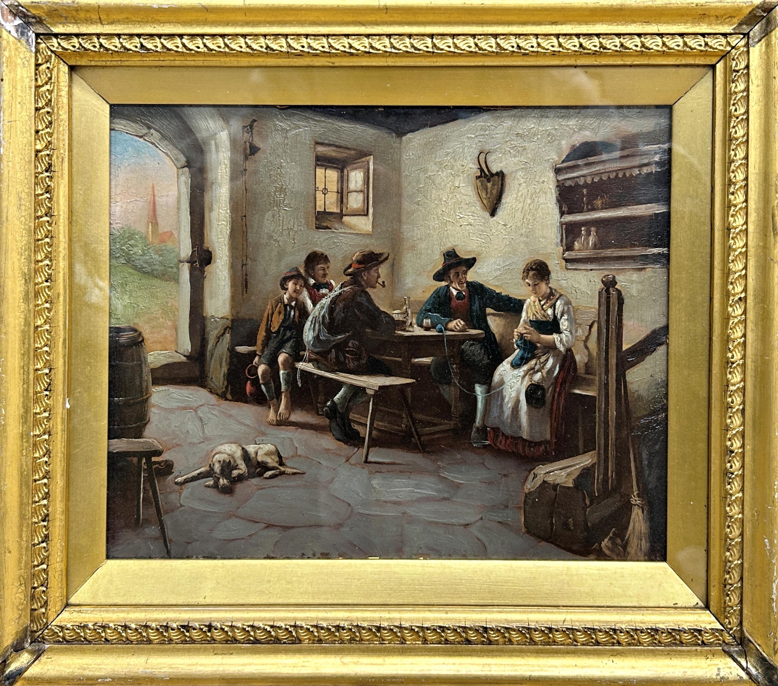 19th century Austrian school - Interior tavern scene, unsigned, oil on panel, 20 x 25cm, giltwood - Image 2 of 3
