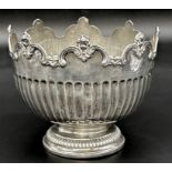 Edwardian silver rose bowl, raised cast cherub head rim and half fluted bowl, inscribed 'Won by Lady