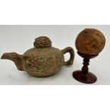 Chinese carved hardstone miniature teapot, 14cm long with a further nut incised with figures and