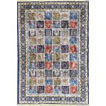 Keshan carpet with geometric floral panel pattern decoration, blue ground, 300 x 185xm