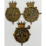 Three antique treen wall hanging shield plaques with gilt highlights inscribed 'Lady Tagore S.L',