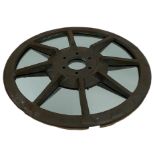 Lacquered iron tractor wheel mirror, 73cm diameter