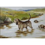 F* N* Drake (early 20th century) - Otter Hounds at work, signed and dated 1905, oil on canvas laid