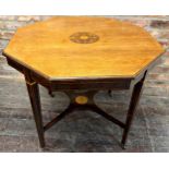 Edwardian Sheraton revival octagonal rosewood centre table with boxwood inlay, 73cm high 90 x 90cm