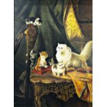 20th century continental school - Mother cat with playful kittens, indistinctly signed, oil on