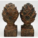 Pair of cold cast resin pine cone finials, 34cm high