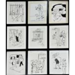 Herge (1907-1983) - nine Tintin illustrations, black and white prints, each 39 x 29cm, framed