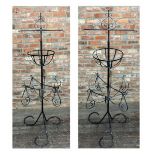Good pair of antique wrought iron twin freestanding tiered plant basket stands 190cm high