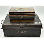 Antique toleware deed box, 16cm high x 40cm wide with a further similar cash tin with fitted