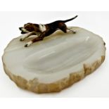 Art Deco onyx pen tray mounted by a cold painted bronze foxhound, 16cm long