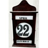 Early 20th century mahogany case perpetual wall calendar, with day, date and month, 50cm high x 28cm