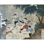 Late 18th century Chinese school mirror painting of three boys hunting, calligraphy signature bottom