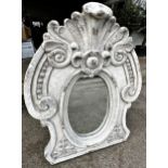 Fibreglass garden mirror, with distressed finish, with scallop shell and scrolled decoration, for