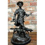Good cast bronze figural group of a country gent and two hunting hounds, 55cm high