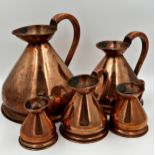 Graduated set of five copper haystack jugs, with lead HR duty stamp to rims, 1 Gallon - 1 Gill,