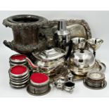 Mixed collection of silver plate to include urn shaped wine cooler, cocktail shaker, two trays,