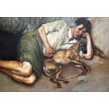 After Lucian Freud (1922-2011) - Boy with dog, signed verso, oil on board, 50 x 75cm, framed