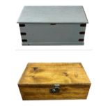 Vintage twin handled pine work box, 56cm wide x 19cm high, with a Victorian painted pine blanket box