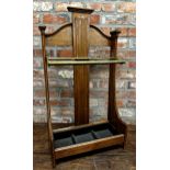 Good quality early 20th century oak and brass three divisional stick stand, 93cm high x 53cm wide