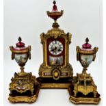 Good quality French ormolu and Sevres porcelain garniture clock, decorated with a romantic scene and