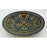 Antique Moroccan fez ware slip glaze pottery charger, 34cm diameter