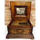 Late 19th century walnut cased table top Polyphon, with boxwood inlaid top, classical cherub picture