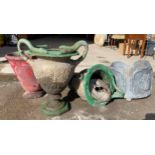 Pair of cast aluminium urns with twin serpent handles and classical scenes, 50cm high (one af) wih a