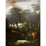 Possibly by William Traies (1789-1872) - Wooded waterfall landscape with figure, unsigned, oil on
