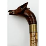 Swaine & Adeney - Folk Art carved fox head walking stick, open mouth with teeth, unmarked, 94cm long