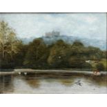 19th century school - primitive rural lakeside landscape with a castle and hunt scene in the