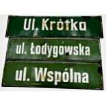 Three Polish enamel street signs in green and white, 16 x 60cm, 16.5 x 65cm and 16 x 60cm