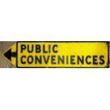 Vintage twin sided cast metal street sign 'Public Conveniences', black text on yellow, 26 x 106cm