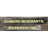 Two 19th century hand painted and carved shop signs 'Diamond Merchants' and 'Silversmiths', gold