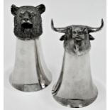 Two silver plated novelty stirrup cups of a bear and a bull, each 14cm high