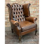 Georgian style brown leather Chesterfield wingback lounge chair with studded upholstery on cabriole