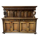 Massive early 20th century Waring (Waring and Gillows) oak court cupboard, the raised back with