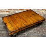 Good Vintage Industrial tanners trolley table, planked pine top on cast steel frame with original