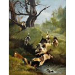 Alfred Duke (1836 - 1915) - Foxhounds chasing a fox through a stream, signed, oil on canvas, 45 x