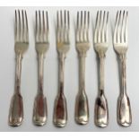 A Victorian matched set of six silver fiddle pattern table forks, four by Mary Chawner, London 1838,
