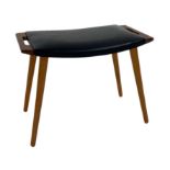 Hans Wegner style 'Papa Bear; teak twin handled footstool with black vinyl upholstery, 40cm high x