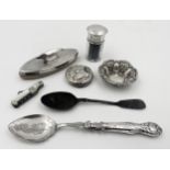 Mixed silver - two spoons, trinket dish, three dressing items, with a further mother of pearl and