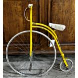 Monaco Old England Penny Farthing Bicycle - yellow tubular steel frame, steel rims with white