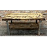 Exceptional rugged vintage Industrial two tier side table or island, with thick pine top and under