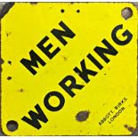 'Men Working' enamel sign further inscribed 'Abbott, Birks, London', 38 x 38cm