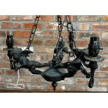 Good quality cast bronze figural three branch chandelier or ceiling light with three opposing winged