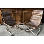 Good pair of Italian 1950s leather folding lounge chairs, with woven leather bases, 89cm high x 81cm